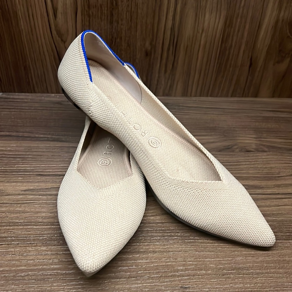 Rothy’s The Point Ecru balletcore flats, fabric upper and leopard soles size 9